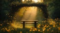 Serene park bench beneath a floral archway Royalty Free Stock Photo