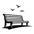Serene park bench with birds flying overhead artistic sketch Royalty Free Stock Photo
