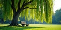 Serene park bench under the shade of a weeping willow tree, bathed in the soft sunlight of a tranquil summer day. Generative AI Royalty Free Stock Photo