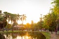 Serene park in city center during sunrise time