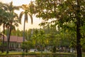 Serene park in city center during sunrise time