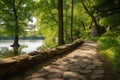 Serene Park Lake and Stone Path - A Vibrant Summer-Spring Landscape Royalty Free Stock Photo
