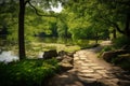 Serene Park Lake and Stone Path - A Vibrant Summer-Spring Landscape Royalty Free Stock Photo