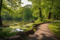 Serene Park Lake and Stone Path - A Vibrant Summer-Spring Landscape Royalty Free Stock Photo