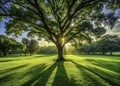 Serene Park Lawn Sunlight Filtering Through a Majestic Tree Capturing Tranquility in a Rule of Thirds Composition Royalty Free Stock Photo