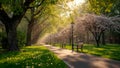 A serene park pathway lined with trees and benches on a sunny day in spring Royalty Free Stock Photo