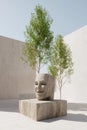 serene park scene featuring stone sculpture with smiling face and two trees, creating peaceful atmosphere Royalty Free Stock Photo