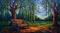 Serene park scene under a spiral sky with a bench beneath weeping willow trees, vibrant and artistic Royalty Free Stock Photo
