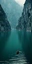 Serene Passage: A Dark Aquamarine Boat Floating In Northern China\'s Scenic Lake