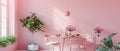 A serene pastel pink interior boasts lush greenery and a cozy dining corner. Tranquility meets style.