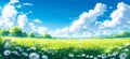 Serene Pastoral Landscape with Lush Green Meadow and Daisies under a Vibrant Blue Sky with Fluffy White Clouds, Illustration Royalty Free Stock Photo