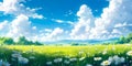 Serene Pastoral Landscape with Lush Green Meadow and Daisies under a Vibrant Blue Sky with Fluffy White Clouds, Illustration Royalty Free Stock Photo