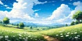 Serene Pastoral Landscape with Lush Green Meadow and Daisies under a Vibrant Blue Sky with Fluffy White Clouds, Illustration Royalty Free Stock Photo