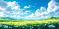 Serene Pastoral Landscape with Lush Green Meadow and Daisies under a Vibrant Blue Sky with Fluffy White Clouds, Illustration Royalty Free Stock Photo