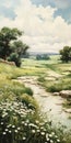Serene Pastoral Landscape Painting Of A River With Daisies