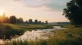 Nostalgic Rural Life: Emerald Green Meadow And River In Provia Film Style Royalty Free Stock Photo