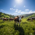 Serene Pastoral Scene: Cows Grazing on Lush Green Field with Rolling Hills