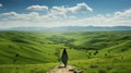 Serene Pastoral Scenes: A Girl Walking Down The Hill On Green Grass