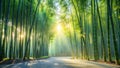 Serene path through a sunlit bamboo forest at dawn. Generative AI Royalty Free Stock Photo