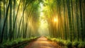 Serene path through a sunlit bamboo forest at dawn. Generative AI Royalty Free Stock Photo