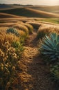 Golden Hour Path Through Wheat Field with Succulents Royalty Free Stock Photo