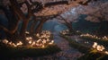Enchanted Cherry Blossom Path Illuminated by Candlelight in a Mystical Forest Royalty Free Stock Photo