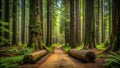 Serene pathway through a lush, moss-covered forest of tall trees with fallen logs. Generative AI Royalty Free Stock Photo