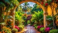 Serene pathway through a lush tropical garden with stone arches. Generative AI Royalty Free Stock Photo