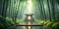 Serene pathway through a misty bamboo forest leading to a tranquil temple. Generative AI Royalty Free Stock Photo