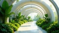 Serene pathway underneath a modern archway structure, lush greenery flanking a sunlit walkway, creating a tranquil and peaceful Royalty Free Stock Photo