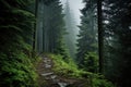 A serene pathway winding through a lush forest surrounded by towering trees and dappled sunlight, A foggy mountain-path surrounded