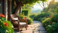 Serene patio setting wicker chair, tea, and blossoming garden path. Generative AI Royalty Free Stock Photo