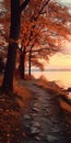 Autumn Sunset Walk: Ocean Path, Trees, And Photorealistic Glow