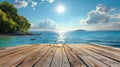 Seaside Serenity: High Quality Photo of Wooden Table Against Blue Sky and Island Background Royalty Free Stock Photo