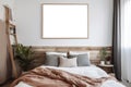 Interior of a bedroom in calm pastel tones with a large picture mockup Royalty Free Stock Photo