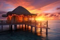 A serene and peaceful dock with a hut, set against a vibrant sunset on a calm evening, Water bungalow, Sunset on the islands of