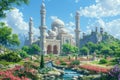 A serene and peaceful Islamic background depicting a tranquil mosque nestled amidst a lush garden