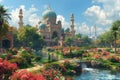 A serene and peaceful Islamic background depicting a tranquil mosque nestled amidst a lush garden