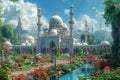 A serene and peaceful Islamic background depicting a tranquil mosque nestled amidst a lush garden