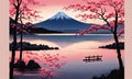 Serene, peaceful, japanese scene of lake with boat in background. Concept of calm, tranquility, as if one were to take Royalty Free Stock Photo