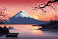 Serene, peaceful, japanese scene of lake with boat in background. Concept of calm, tranquility, as if one were to take Royalty Free Stock Photo