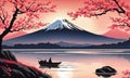 Serene, peaceful, japanese scene of lake with boat in background. Concept of calm, tranquility, as if one were to take Royalty Free Stock Photo