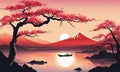 Serene, peaceful, japanese scene of lake with boat in background. Concept of calm, tranquility, as if one were to take Royalty Free Stock Photo