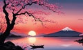 Serene, peaceful, japanese scene of lake with boat in background. Concept of calm, tranquility, as if one were to take Royalty Free Stock Photo