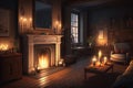 a serene and peaceful living room, filled with the warm glow of candlelight, and a burning fireplace