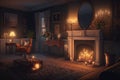 a serene and peaceful living room, filled with the warm glow of candlelight, and a burning fireplace