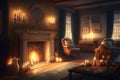 a serene and peaceful living room, filled with the warm glow of candlelight, and a burning fireplace