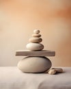 Stone Balancing Still Life: Stacked Smooth Pebbles on Sandstone Block with Warm Gradient Background Royalty Free Stock Photo