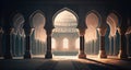 Serene and peaceful mosque interior. Moon light. Ramadan Kareem. Generative AI