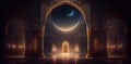 Serene and peaceful mosque interior. Moon light. Ramadan Kareem. Generative AI